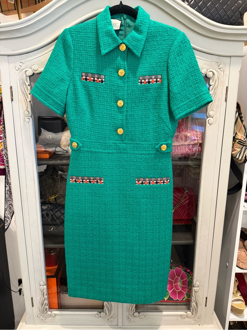 Gucci Womens Back Zip Short Sleeve Collared Tweed Dress Green Size IT 42